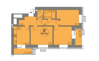 Квартира 3-х комнатная №76-68.78 кв.м. 2 подъезд